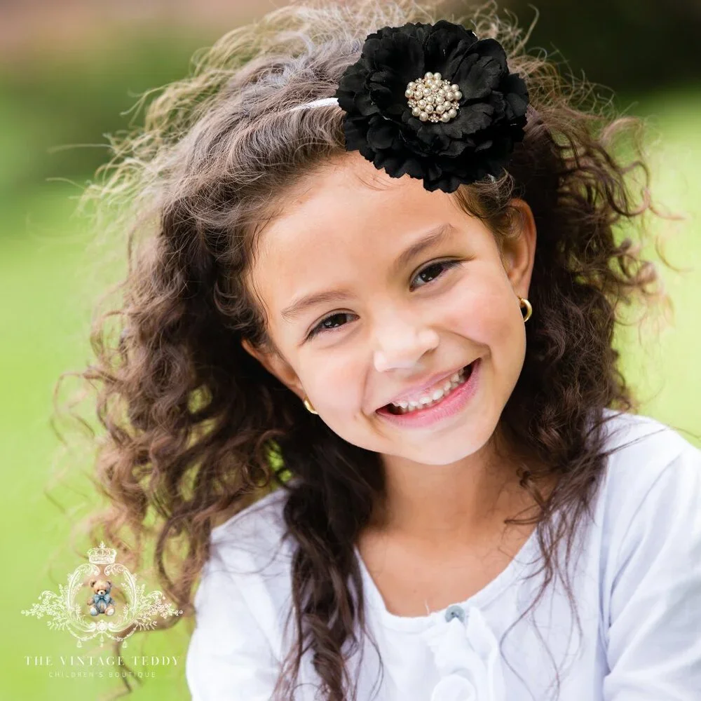 NWT Pretty Vintage Inspired Girls Headband Hair Floral Beaded Midnight Black OS